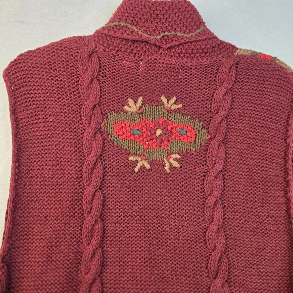 Handknit Sweater Vest Size Large Floral Embroidery Vintage Deadstock Brick Red - Picture 4 of 9